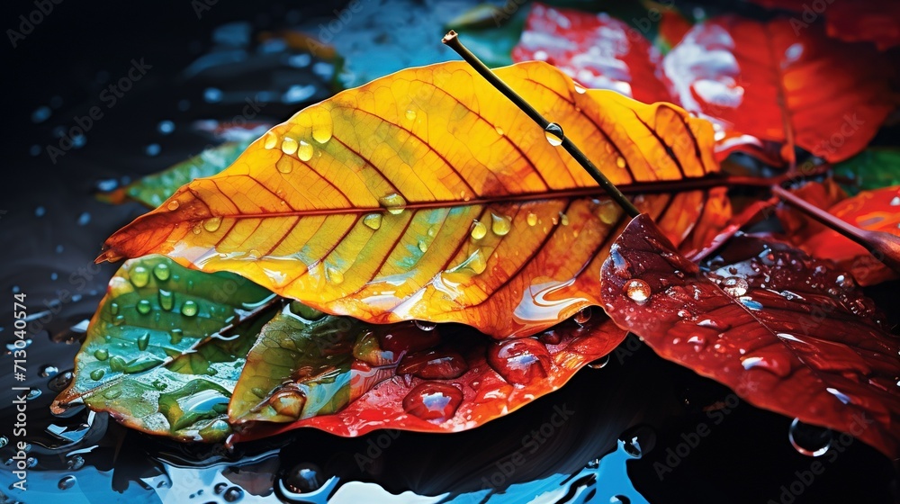 A vibrant portrayal of a wet leaf after rain, with bold colors 