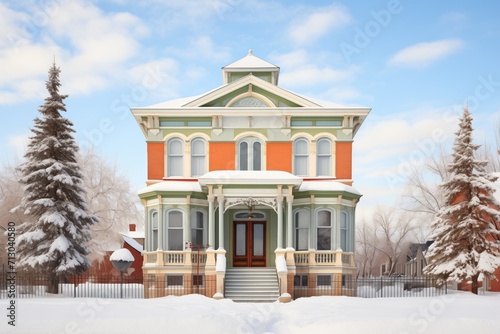 winter scene of an italianate home with a snowcapped belvedere photo