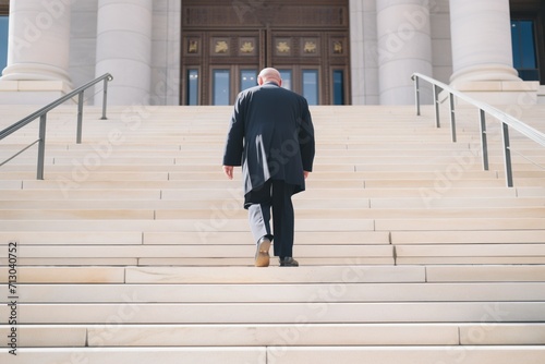 judge walking up courthouse steps photo