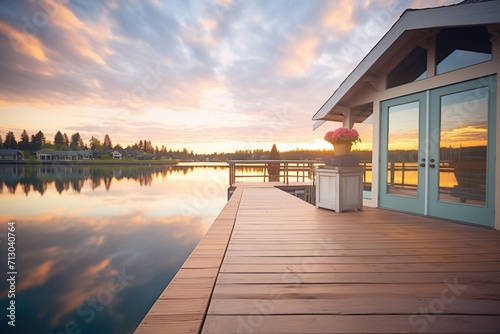 sunset reflecting on lake with empty cottage dock © Alfazet Chronicles