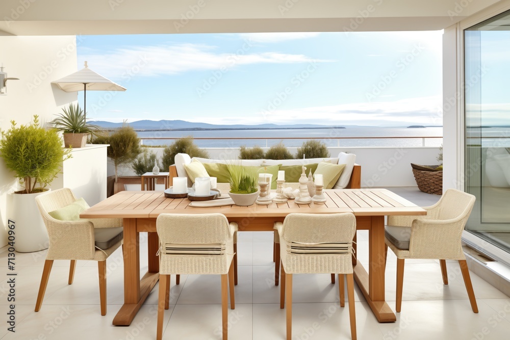 terrace with table set, sea backdrop