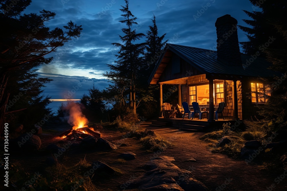 Cabin Lit Up at Night With Fire in Foreground - Cozy Evening Scene