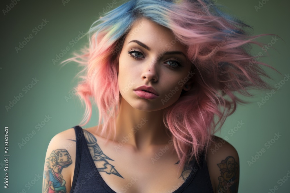 Fototapeta premium Woman With Pink and Blue Hair and Tattoos