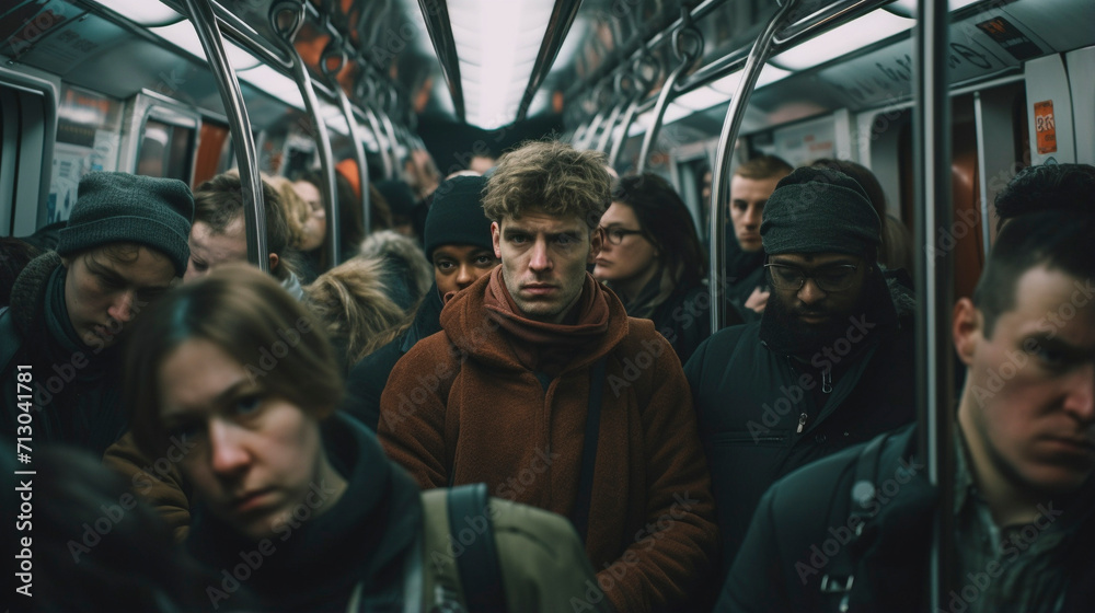 Commuter Chronicles: Men Navigating the Busy Metro Ride, Generative AI