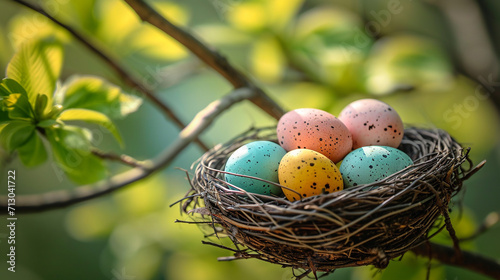 Colorful eggs in nest. Easter. 