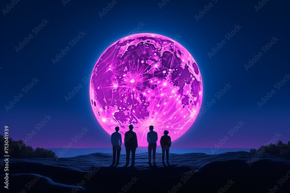 Three Individuals Standing in Front of Enormous Purple Ball