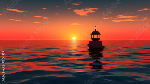 Buoy in the open sea on the sunset background