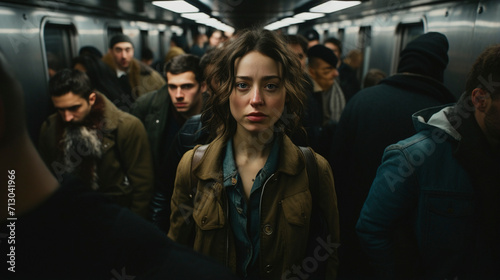 City Rhythms: Woman Immersed in the Subway Bustle, Generative AI © Adolfo Perez Design