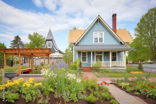 saltbox home faade with central chimneys and flowering garden