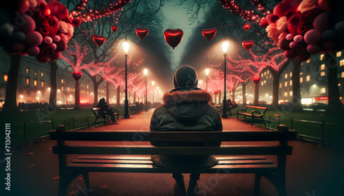 a lonely man sitting on bench on valentine's day
