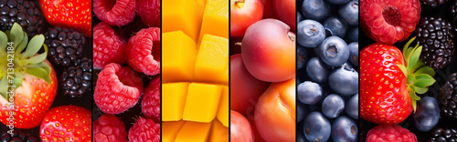 Collection of fruits and vegetables fruit collage background with berries and grapes. Variety of fruit arranged in squares. Assorted berries products collage divided by vertical lines  photo