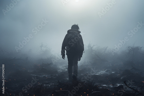 A person navigating through a dense fog, embodying uncertainty and confusion