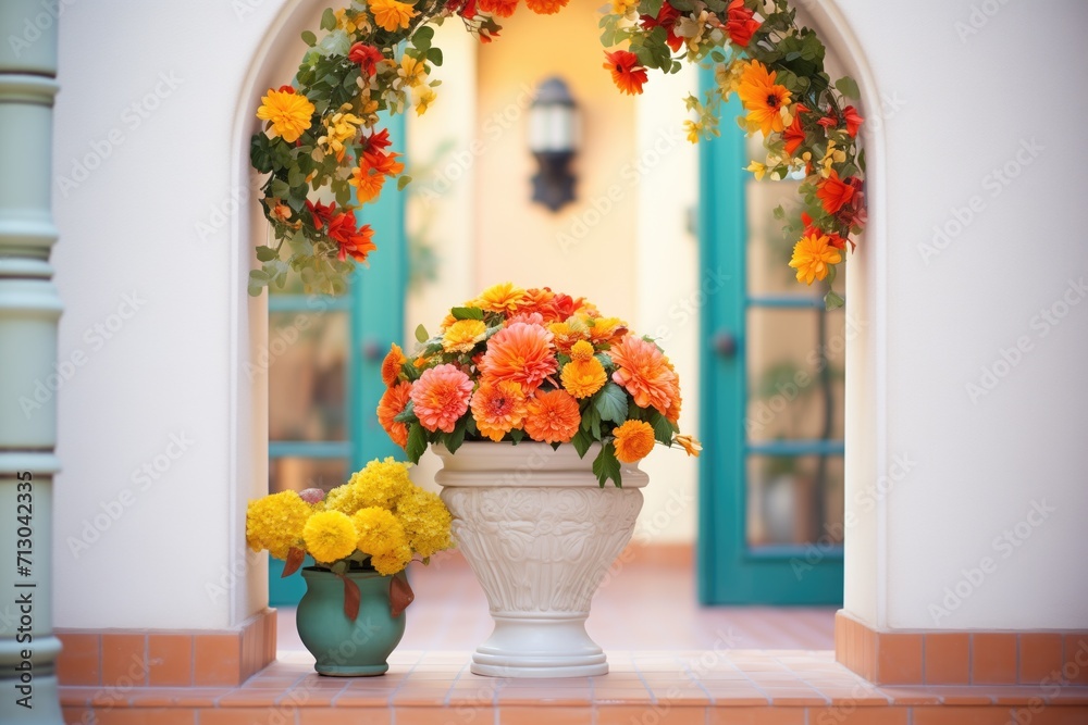 classic spanish archway with terracotta pot floral arrangement