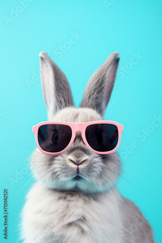 Easter bunny with sunglasses portrait on pastel copy space background. Generative AI
