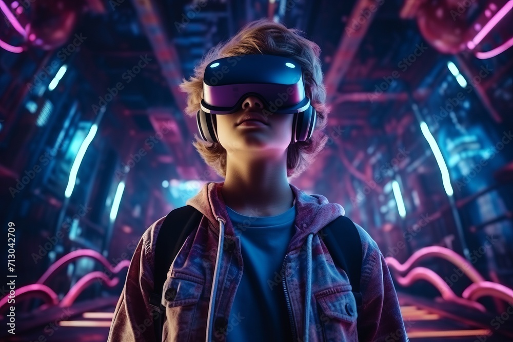 Young Man Experiencing Virtual Reality Headset for Gaming and Entertainment Young Man Experiencing Virtual Reality Headset for Gaming and Entertainment