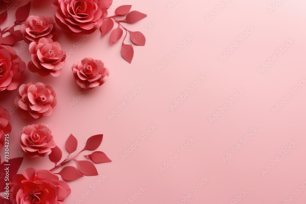 Fototapeta premium Pink roses on pink background with copy space. Valentines day background