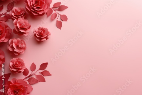 Pink roses on pink background with copy space. Valentines day background