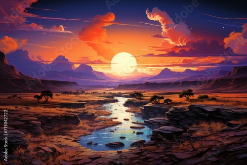 Painting of a Sunset Over a River