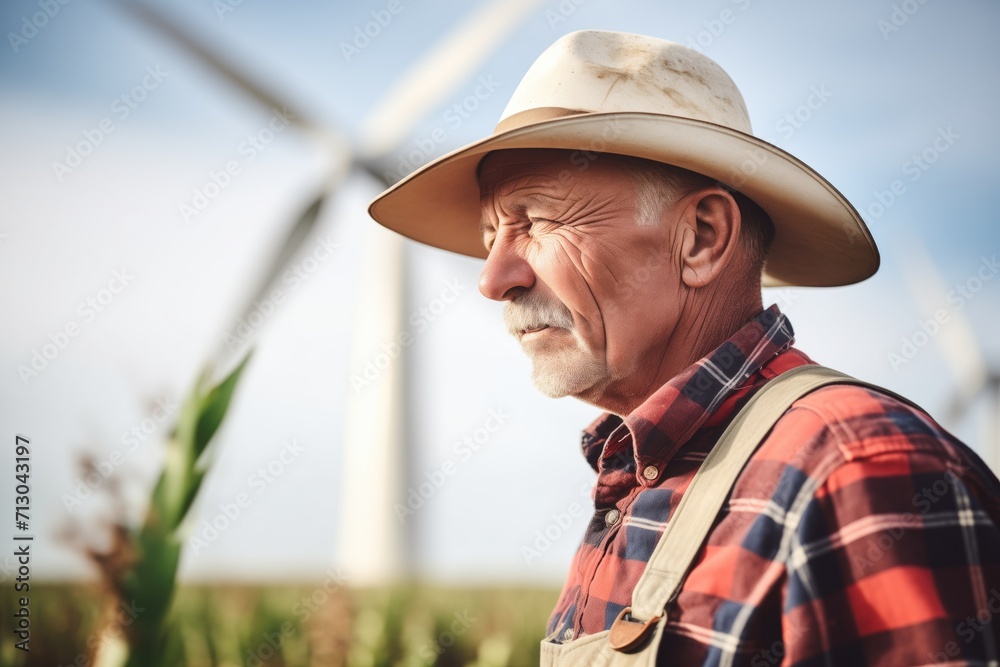 farmer working the fields with wind turbines rotating behind