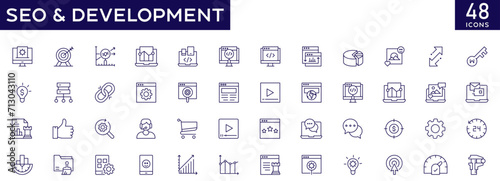 SEO and development icons set with fully editable stroke thin line vector illustration with SEO, development, optimization, analysis, analytics, traffic, link, keywords, business, marketing, backlinks