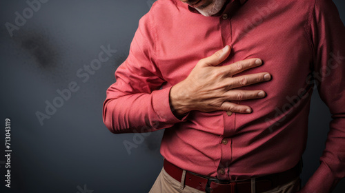 A middle-aged man in a red shirt clutches his chest in a gesture indicating pain, chest discomfort, and a heart attack. Cardiac emergency. Symptoms of a heart attack. Cardiovascular disease. Banner