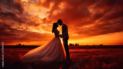 A wedding couple embraced in a passionate kiss with a vibrant sunset casting warm tones across the sky and landscape