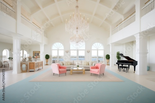 grand room with white arcades and chandeliers photo