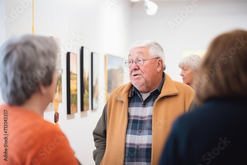 artist talking to patrons at their own gallery opening photo