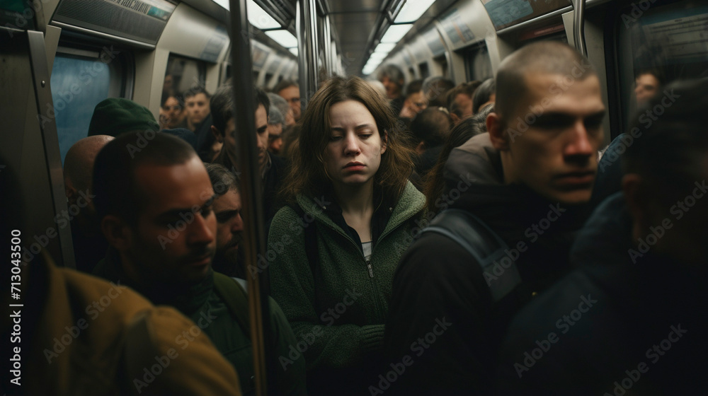 Metro Melodies: Woman Caught in the Commuting Symphony, Generative AI