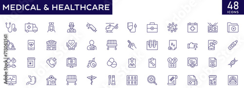 Medical and healthcare icons set with fully editable stroke thin line vector illustration with medicine, hospital, clinic, pills, healthcare, treatment, emergency, RX, MRI, equipment, research