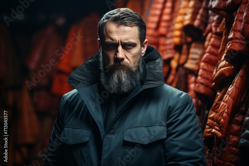 Bearded Man Standing in Front of Meat Rack in Grocery Store