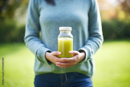 woman holding a bottle of cold-pressed green juice, blurred garden background
