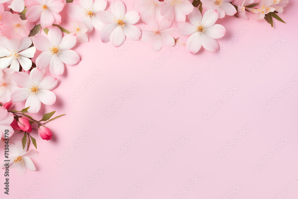 delicate apple blossoms on a pink background with a place for text or greetings