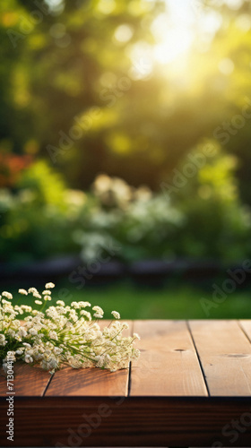 Wooden table spring nature bokeh background  empty wood desk product display mockup with green park sunny blurry abstract garden backdrop landscape ads showcase presentation. Mock up  copy space.