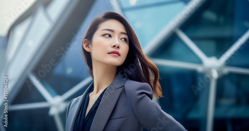 Young asian businesswoman in front of business buildings. Portrait of a confident entrepreneur 20s woman.
