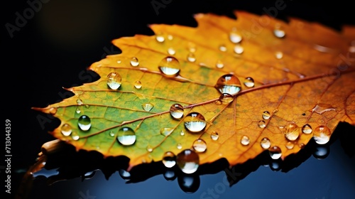 A wet leaf captured with precision and detail, showcasing the transparency of the water droplets and the play of light on the surface