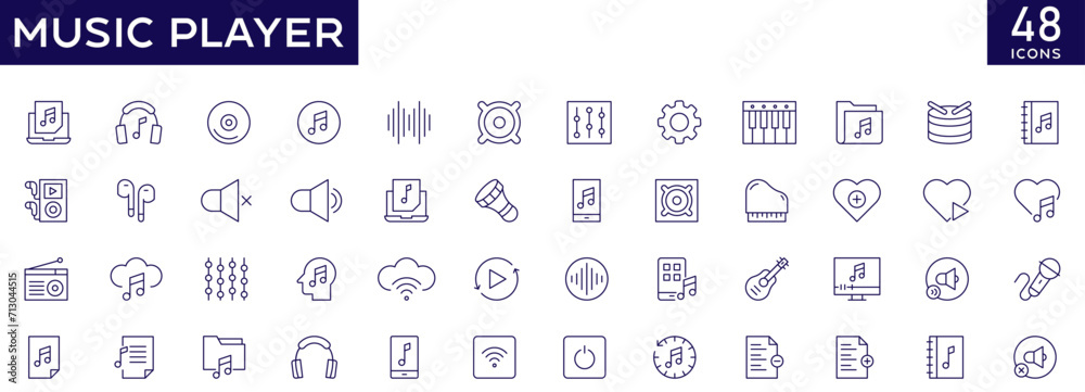 Music player icons set with fully editable stroke thin line vector ...