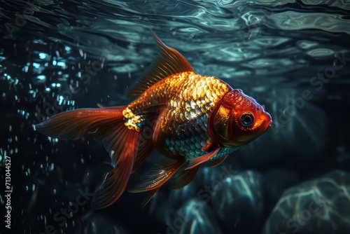Menacing futuristic goldfish   glowing elements on under the water. Generative AI