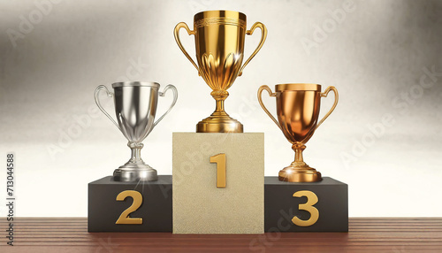 3D illustration of three trophies or cups on the podium of the winners. Gold cup in first place, silver cup in second place and bronze cup in third place. Generative Ai.