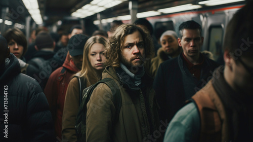Urban Travel Tales: Men Navigating the Crowded Subway, Generative AI