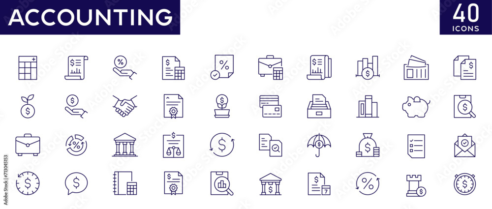 Accounting icons set with fully editable stroke thin line vector illustration with balance sheet, income, tax return, business firm, tax calculate, invoice, audit, financial statement, accountant.