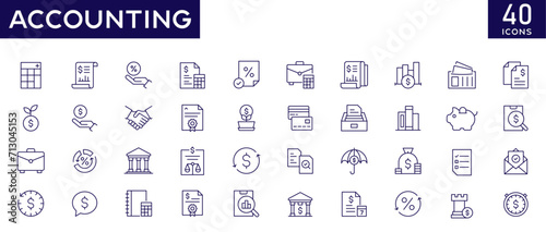 Accounting icons set with fully editable stroke thin line vector illustration with balance sheet, income, tax return, business firm, tax calculate, invoice, audit, financial statement, accountant.