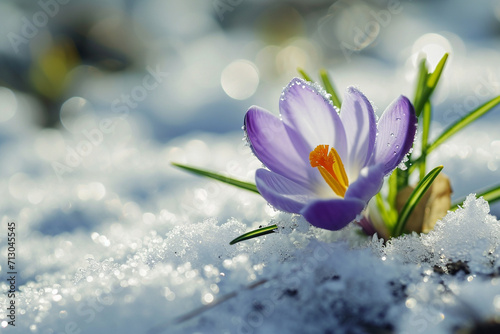 Crocus bulb blooming in snow, first spring flower. Close up macro view. Generative AI.