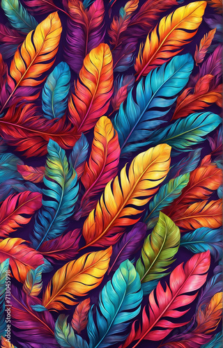 bright background of bird feathers. colorful bird feathers. illustration © Olena