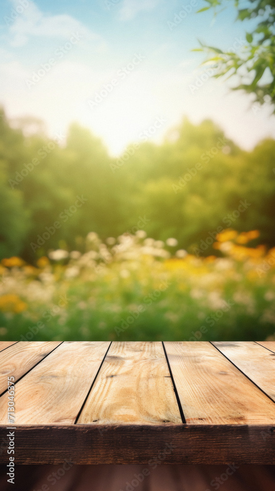 Wooden table spring nature bokeh background, empty wood desk product display mockup with green park sunny blurry abstract garden backdrop landscape ads showcase presentation. Mock up, copy space.