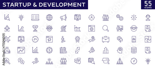 Startup and development icons set with fully editable stroke thin line vector illustration with teamwork, analysis, programming, creativity, innovation, development, target, planning, goal, growth