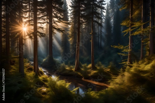 Envision the magic of twilight in Sainte-Marguerite Valley Forest—a narrow river meandering through ancient trees. The super realistic rendering and perfect