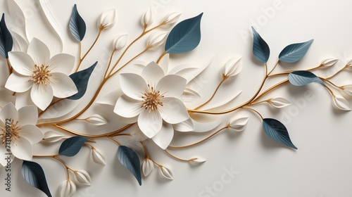 3d white flower with green and gold leaf on white, beautiful flower, flower design, flower leaves, 3d tree with leaves 