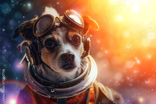 Dog in space suit in cosmic galaxy, fantasy astronaut in universe. Generative AI © marcin jucha