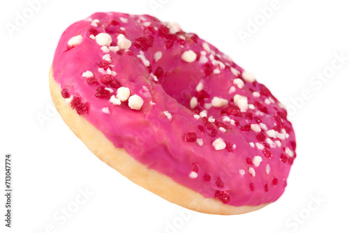 Levitation of pink donuts with cookie crumbs isolated on transparent background.